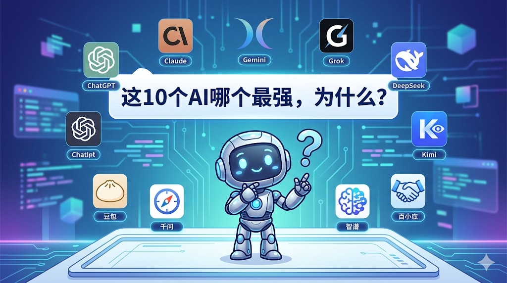 这10个AI哪个最强，为什么？ChatGPT、Claude、Gemini、Grok、DeepSeek、豆包、千问、Kimi、智谱、百小应