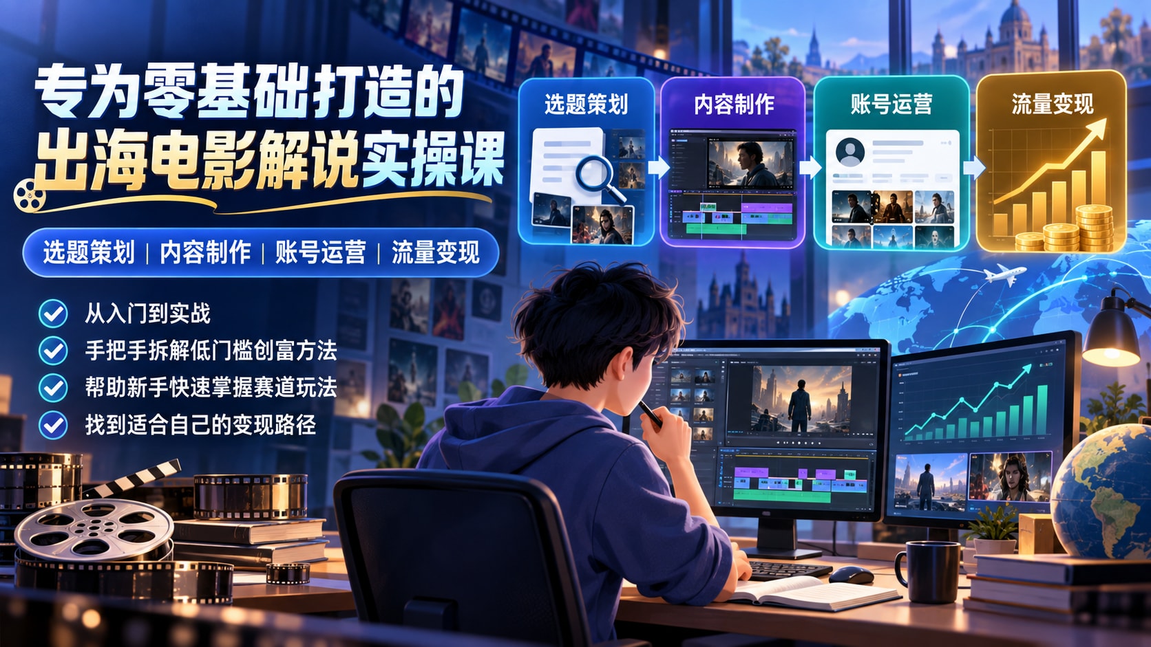 零基础出海创富课，电影解说赛道实操，新手也能轻松变现