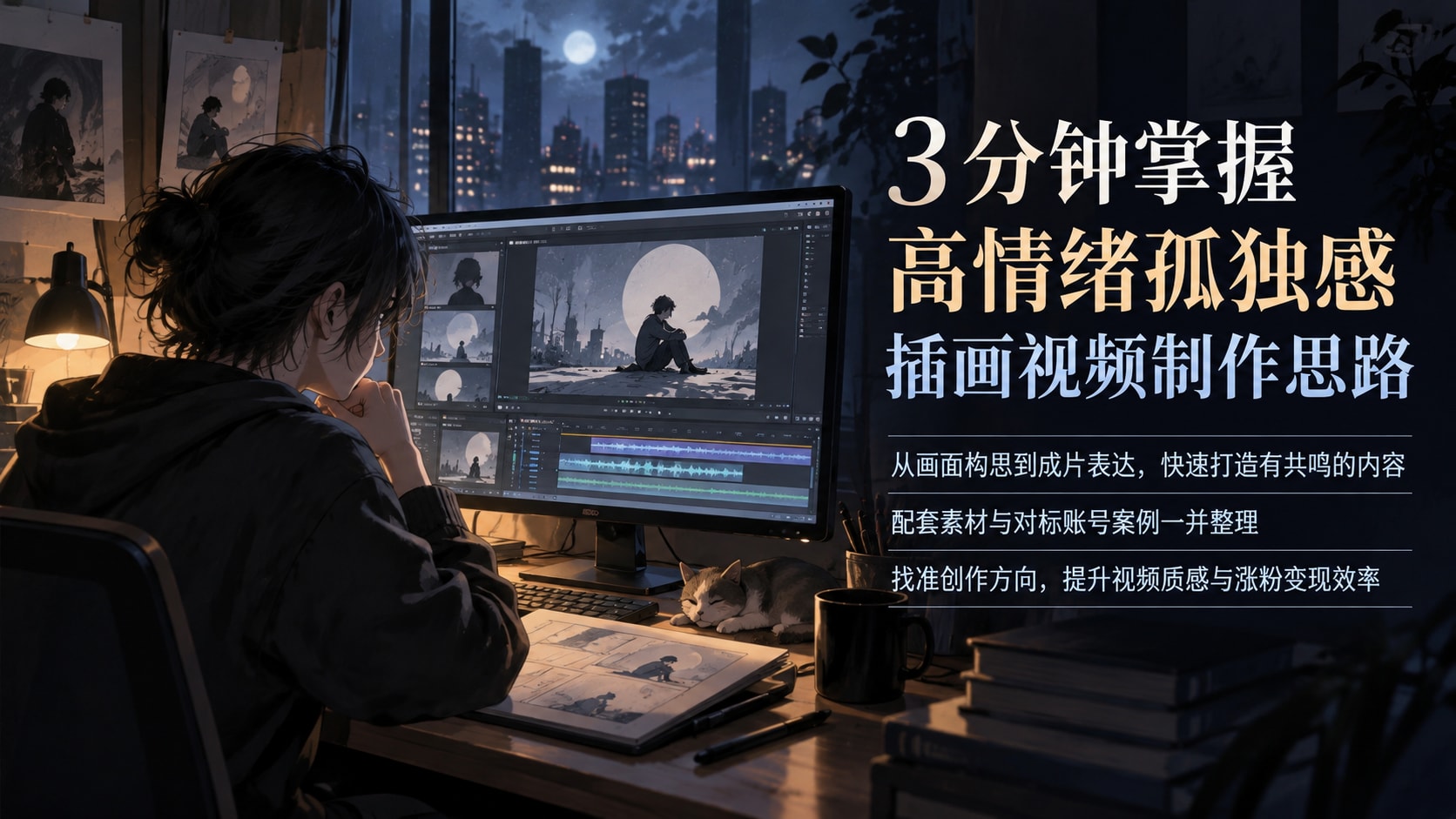 3分钟制作高情绪插画视频，孤独感拉满，轻松涨粉变现